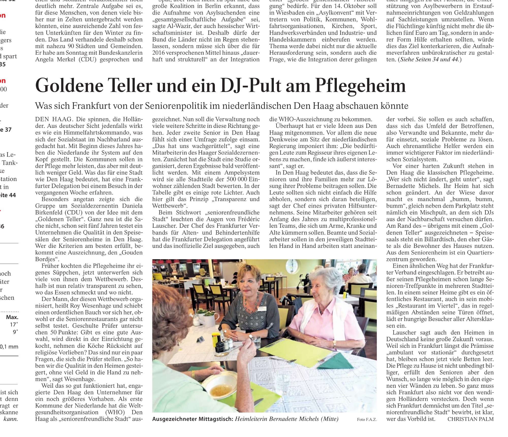 FAZ artikel: Goldene Teller und ein DJ-Pult am Pflegeheim — Rhein-Main Zeitung september 2015