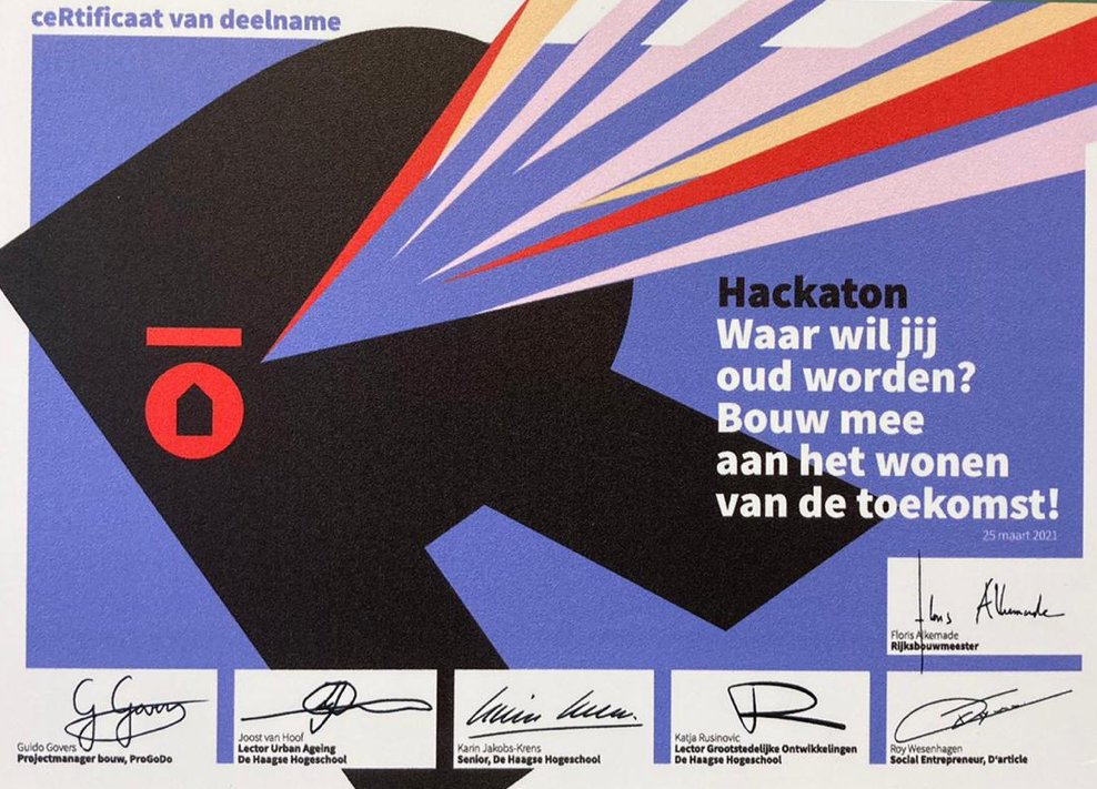 Hackathon certificate signed by Rijksbouwmeester Floris Alkemade and Roy Wesenhagen, 25 March 2021
